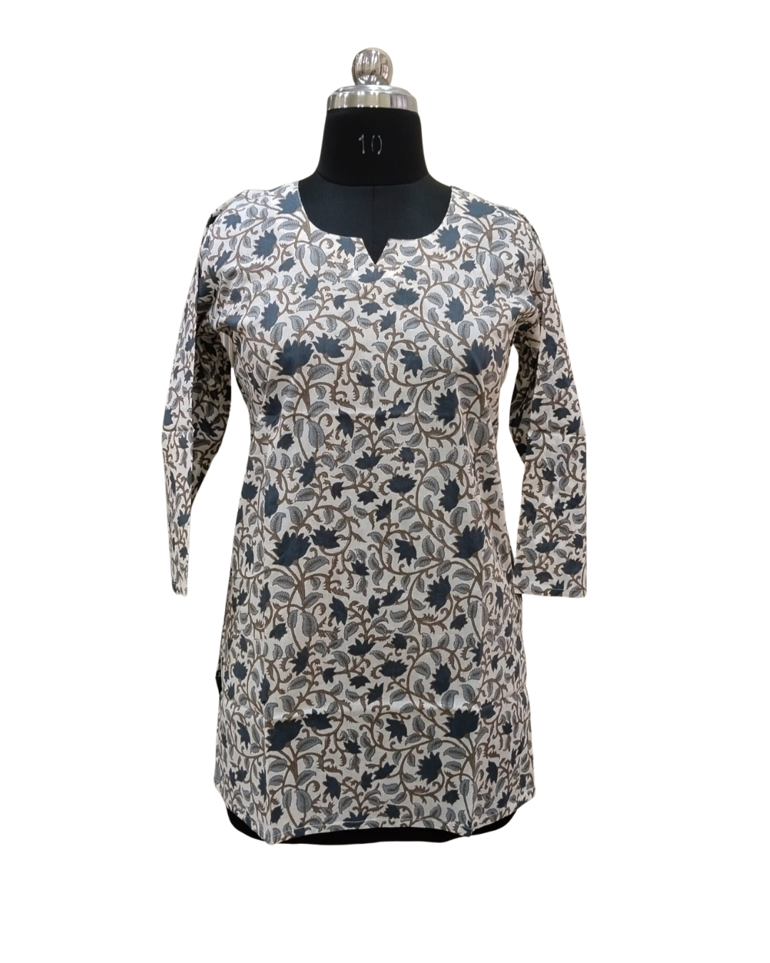 COTTON SHORT TOP - FLORAL PRINT - NAVY BLUE ON CREAM BASE - 205S33