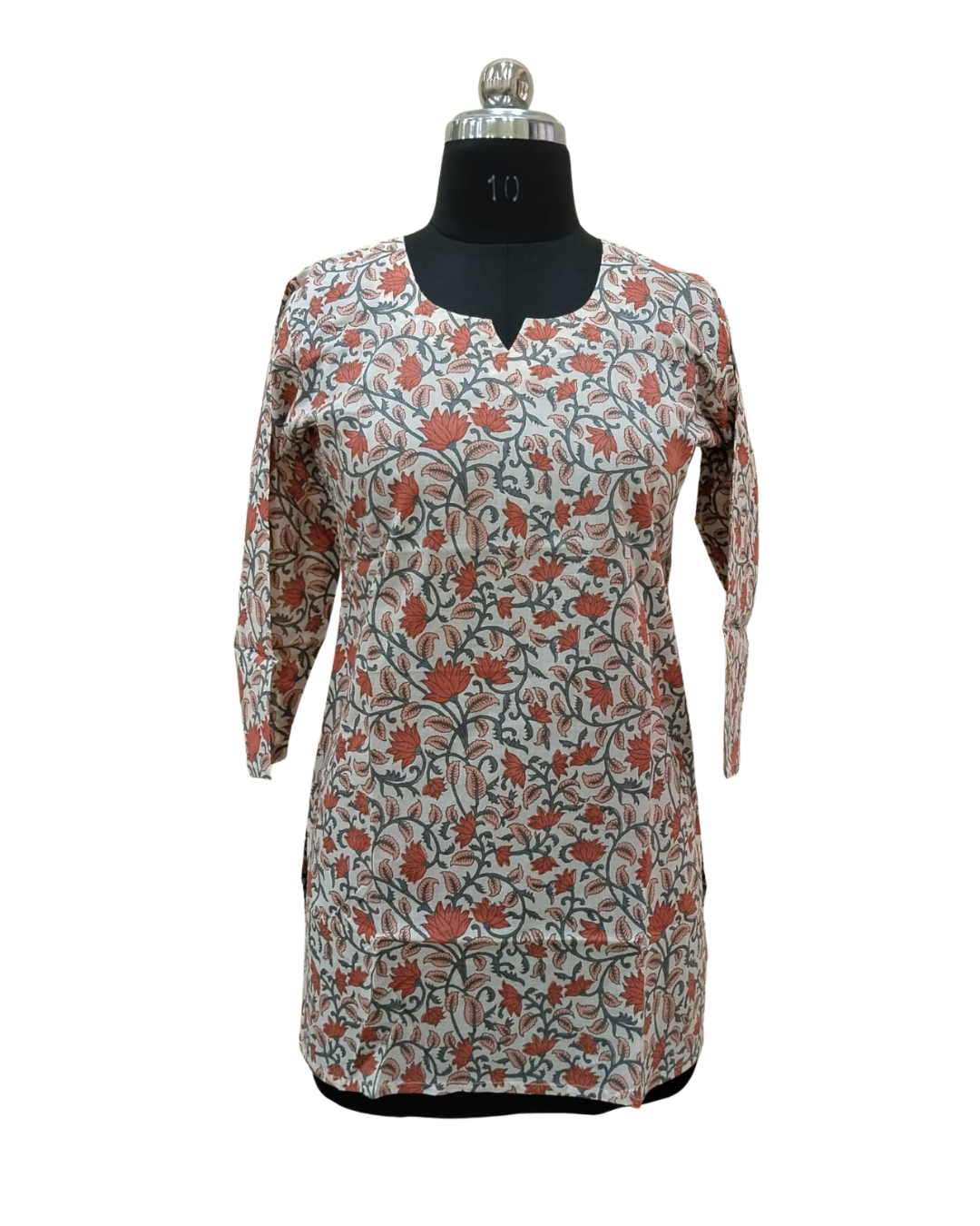 COTTON SHORT TOP - FLORAL PRINT - ORANGE ON CREAM BASE - 205S35