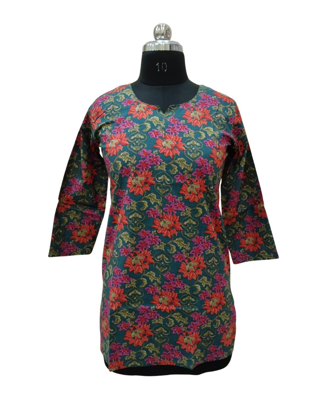 COTTON SHORT TOP - FLORAL PRINT - PEACOCK GREEN - 205S42
