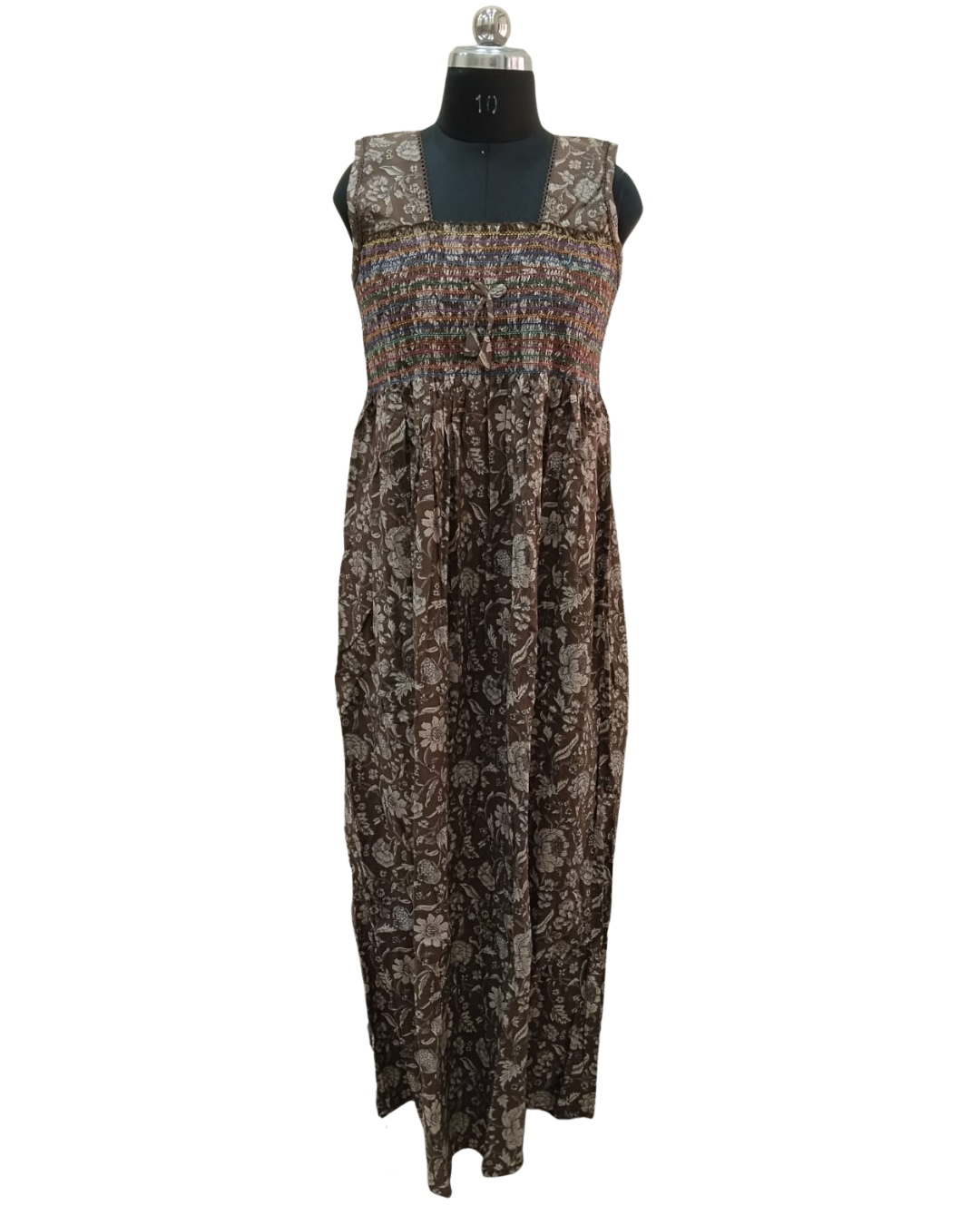 Smocking Gown – Sleeveless, Peony Floral Print – Umber (brown) - 601-B 3