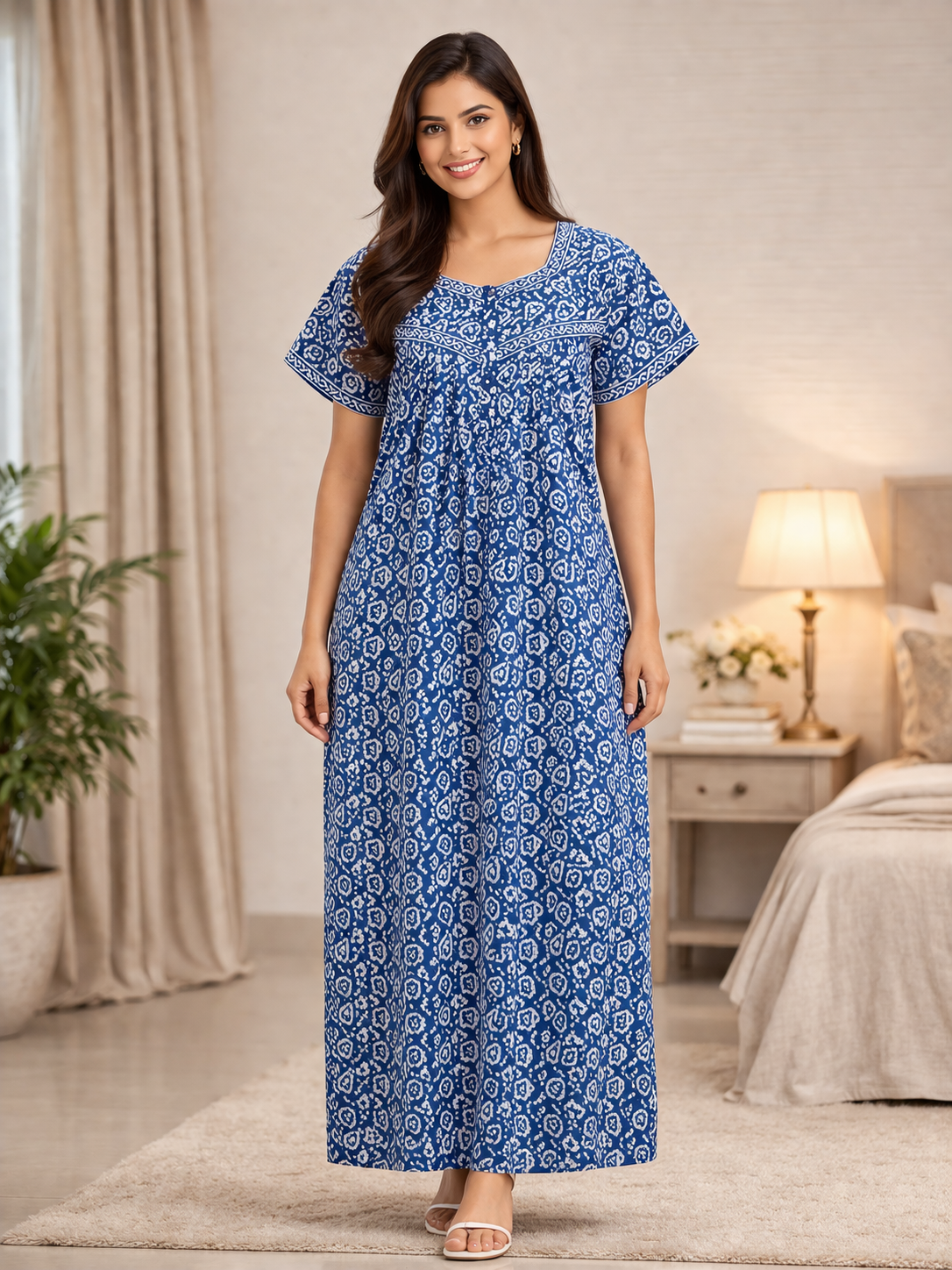 PLEATED FULL LENGTH REGULAR - ETHNIC/FLORAL ABSTRACT PRINT- DEEP ROYAL BLUE - 405 - P18