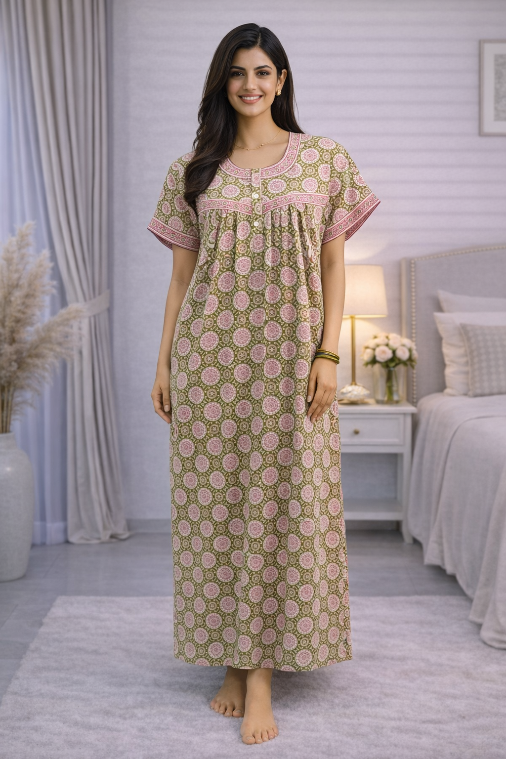 PLEATED FULL LENGTH REGULAR - CIRCLE PRINT- SKY BLUE, PINK & GREEN - 405 - P2