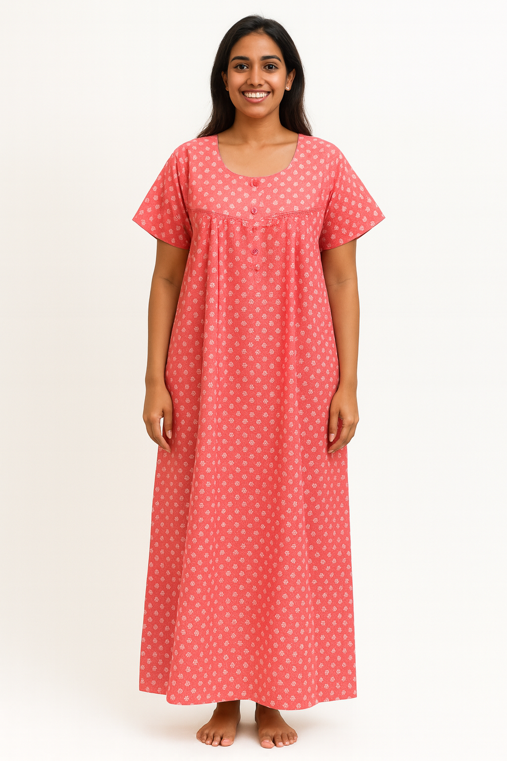 Pleated Lace Pattern Gown XL - Tiny Buti print - Coral Pink - 650L3