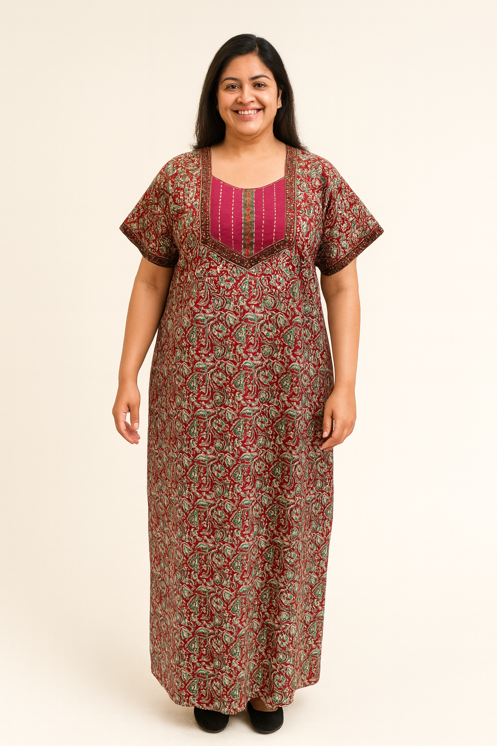 A - line Sequence Pattern Gown - Paisley Floral print - Maroon - 650AS02