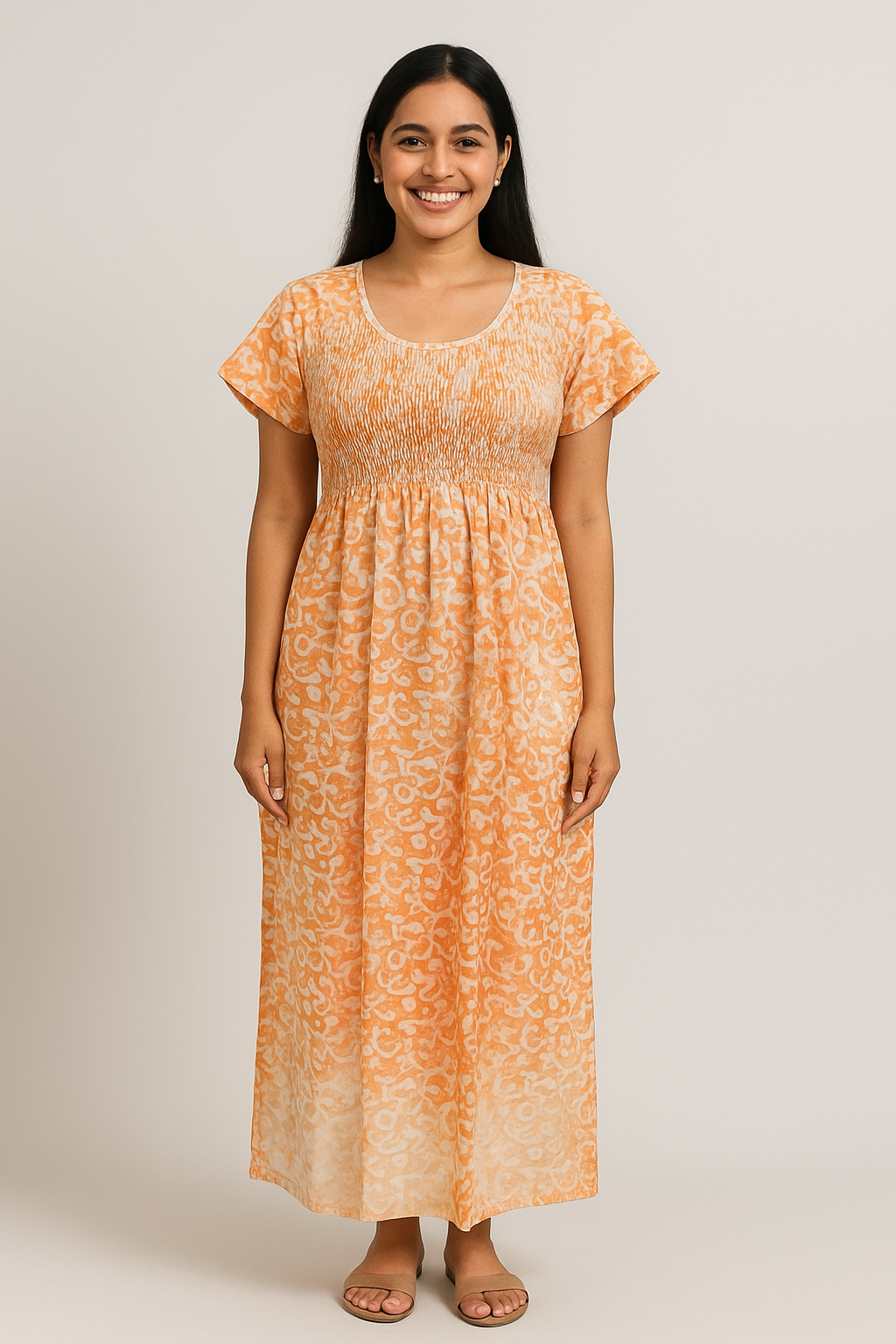 Smocking Gown – Frock Pattern, Batic Print– Golden Yellow - 601E