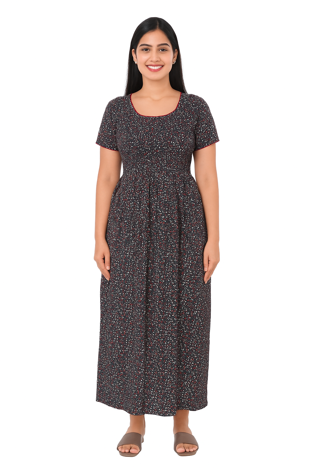 Smocking Gown - Tiny Floral – Dark Grey 601E