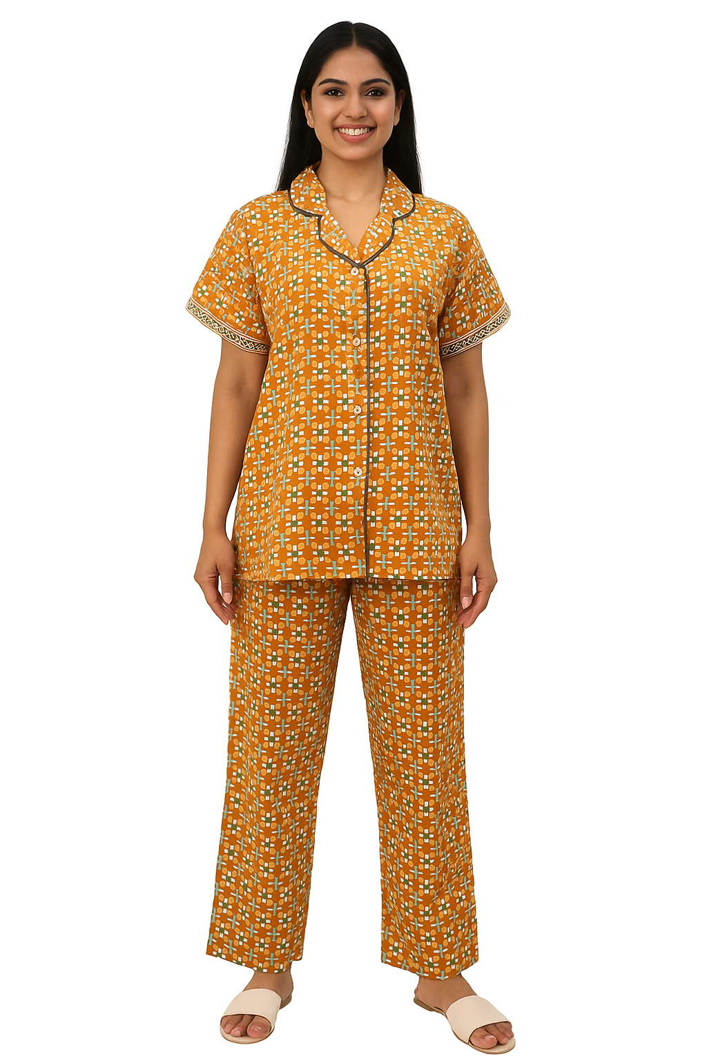 PAJAMA SET FRONT BUTTON COTTON - MUSTARD - PJFB02