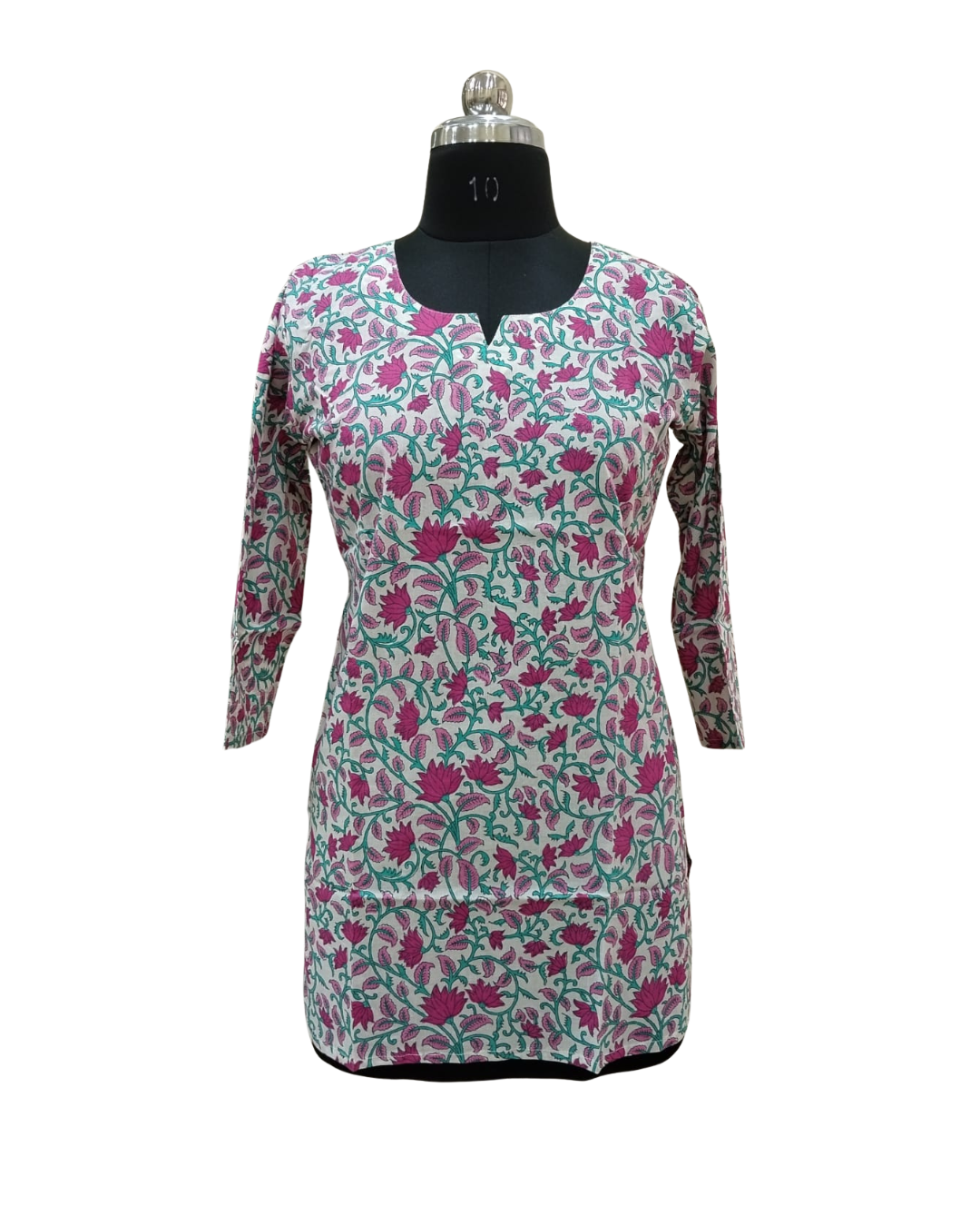 COTTON SHORT TOP - FLORAL PRINT - PINK ON CREAM BASE - 205S34