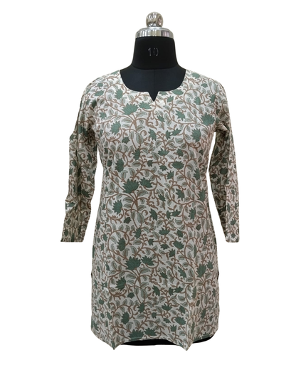 COTTON SHORT TOP - FLORAL PRINT - GREEN ON CREAM BASE - 205S36