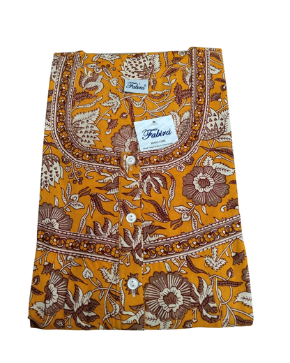 PLEATED FULL LENGTH REGULAR - FLORAL & LEAF PRINT- DARK BROWN, YELLOW, MAROON & BLUE - 405 - P8