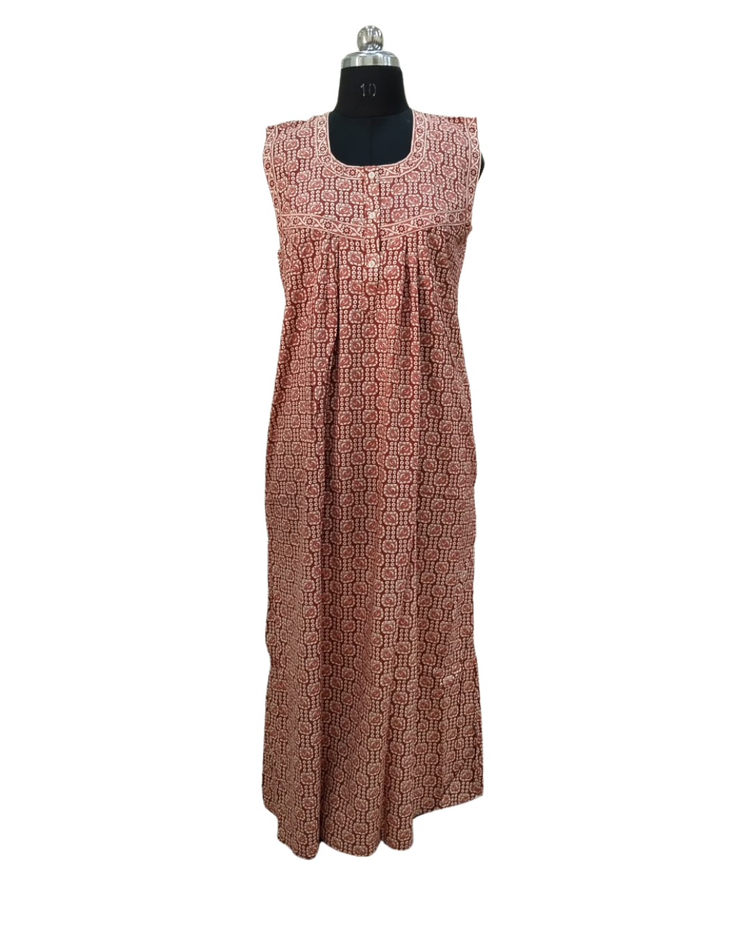 SLEEVELESS FULL LENGTH REGULAR - GEOMETRICAL BLOCK PRINT-BRICK BROWN - 406b