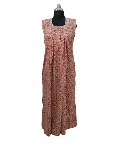 SLEEVELESS FULL LENGTH REGULAR - GEOMETRICAL BLOCK PRINT-BRICK BROWN - 406b