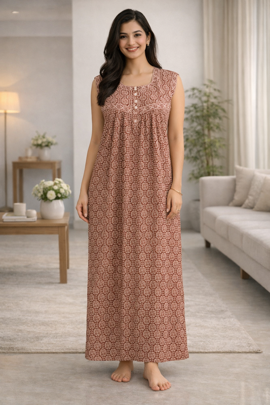 SLEEVELESS FULL LENGTH REGULAR - GEOMETRICAL BLOCK PRINT-BRICK BROWN - 406b