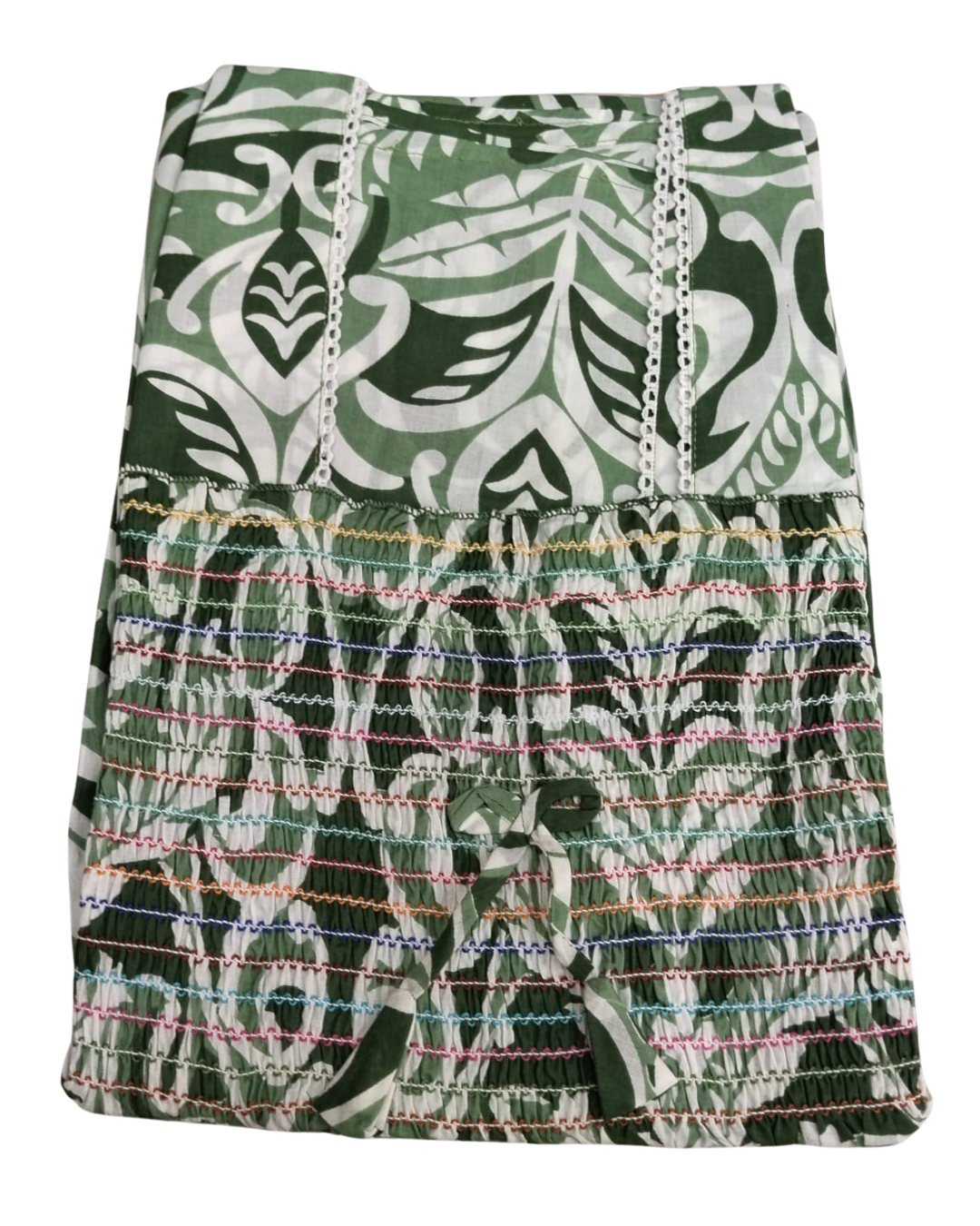 Smocking Gown – Sleeveless, Abstract leafy Print – Purple & Dark green - 601-B 07