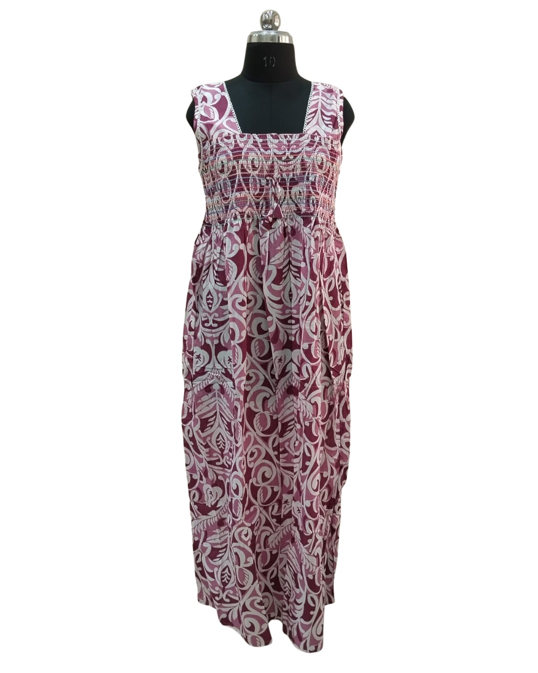 Smocking Gown – Sleeveless, Abstract leafy Print – Purple & Dark green - 601-B 07