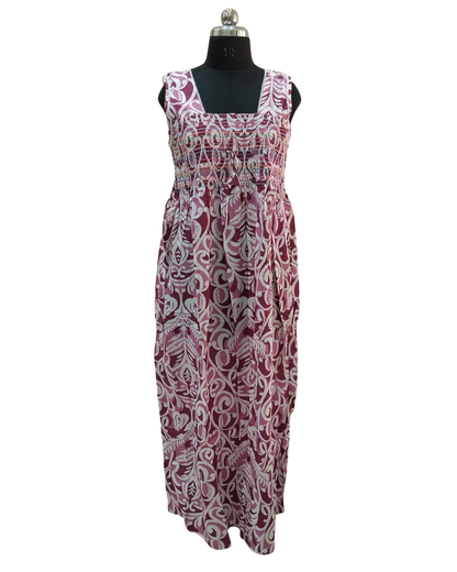 Smocking Gown – Sleeveless, Abstract leafy Print – Purple & Dark green - 601-B 07