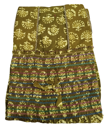 Smocking Gown – Sleeveless, Abstract leafy Print – Forest green, Red & Olive green - 601-B 08
