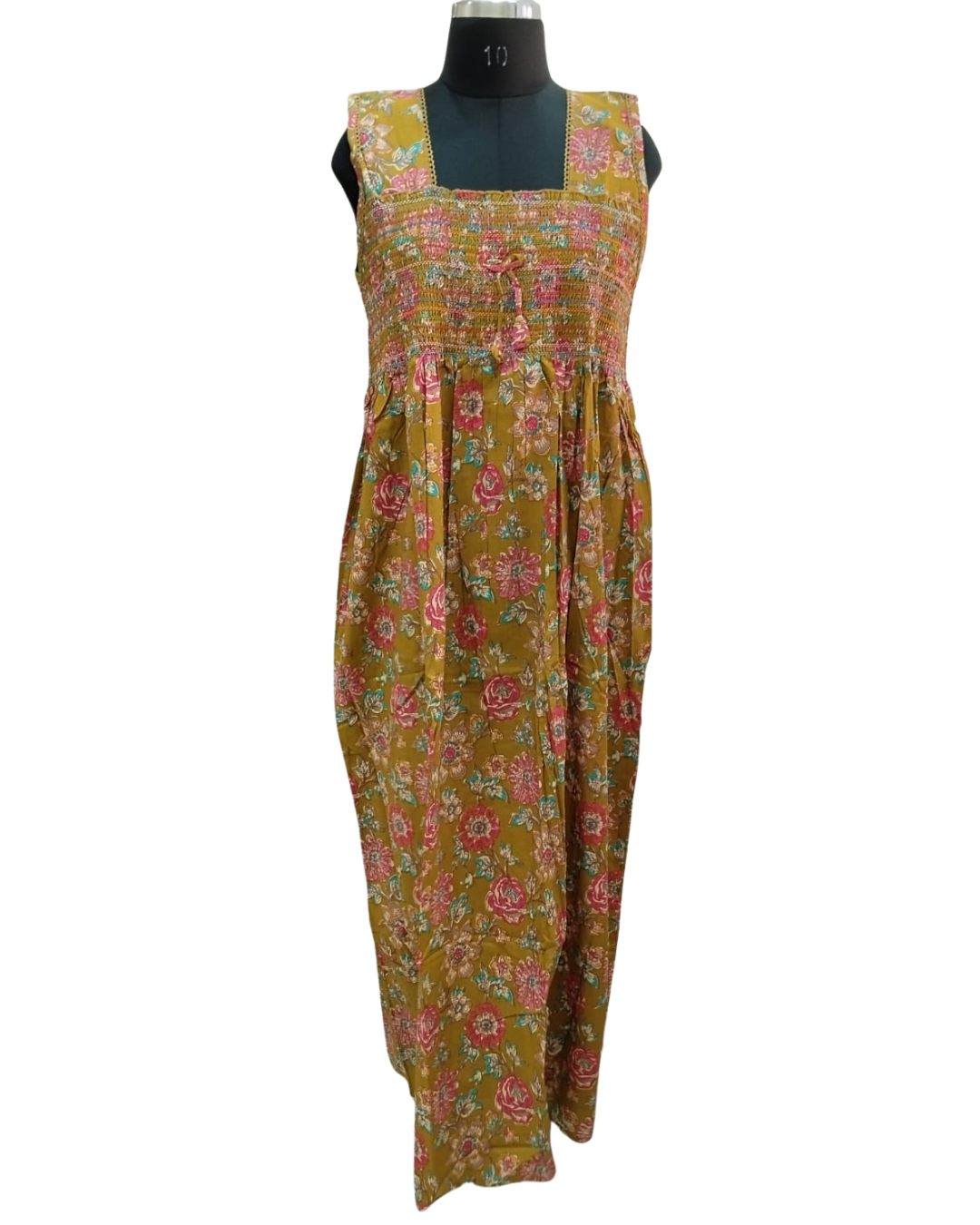 Smocking Gown – Sleeveless, Rose Floral Print – Mustard - 601-B 04