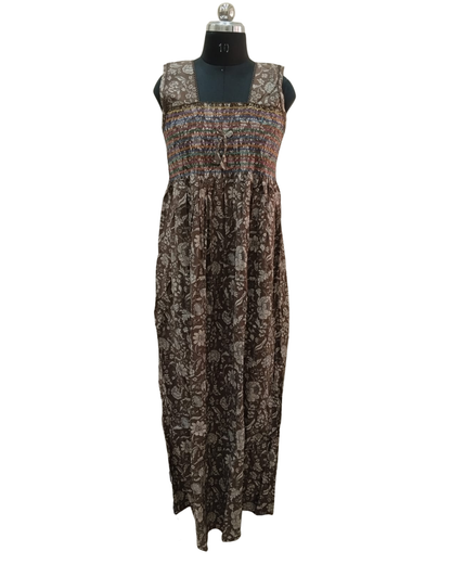 Smocking Gown – Sleeveless, Peony Floral Print – Umber (brown) - 601-B 3