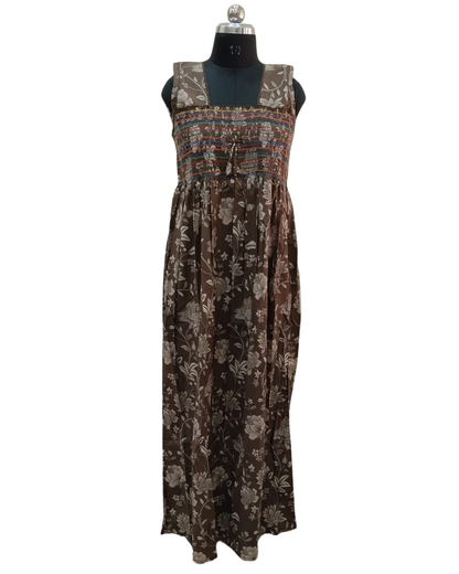 Smocking Gown – Sleeveless, Big Hibiscus Floral Print – Umber (brown) - 601-B 2