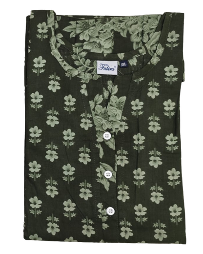 A - LINE GOWN WITH DOUBLE POCKET XXL- FLORAL MOTIF PRINT - RUST ORANGE & DARK GREEN - 605DP9