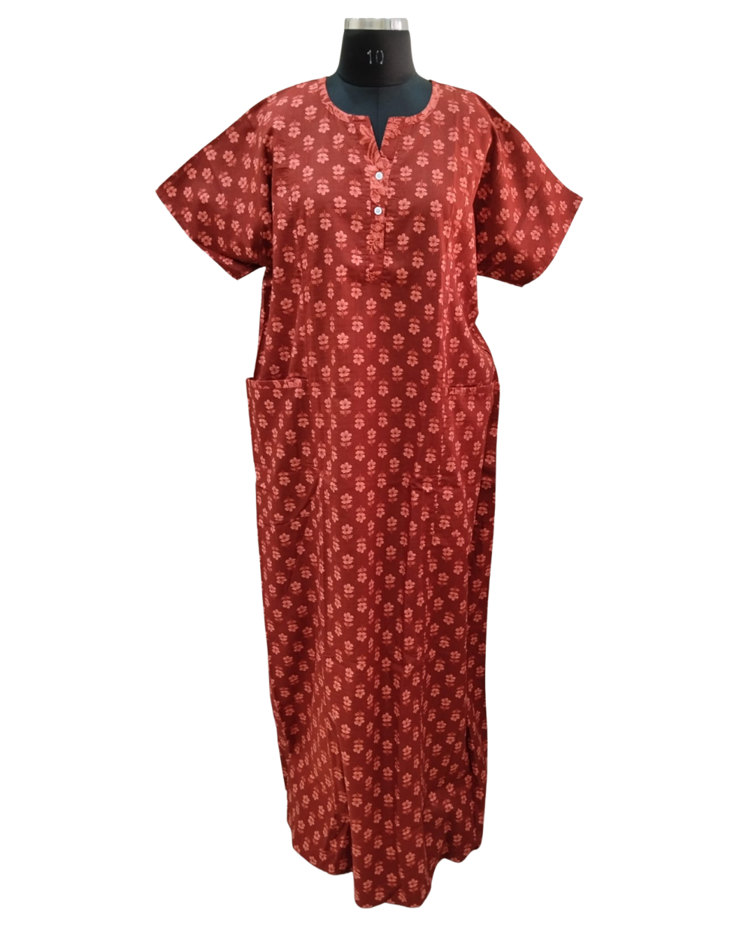 A - LINE GOWN WITH DOUBLE POCKET XXL- FLORAL MOTIF PRINT - RUST ORANGE & DARK GREEN - 605DP9