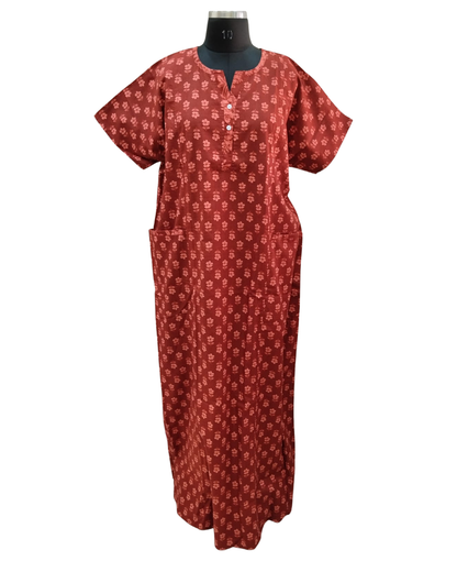 A - LINE GOWN WITH DOUBLE POCKET XXL- FLORAL MOTIF PRINT - RUST ORANGE & DARK GREEN - 605DP9