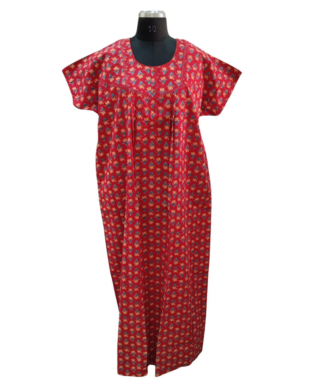 A - LINE PLEATED NIGHTY XXL- MOTIF PRINT WITH LACE - RED - 605L03