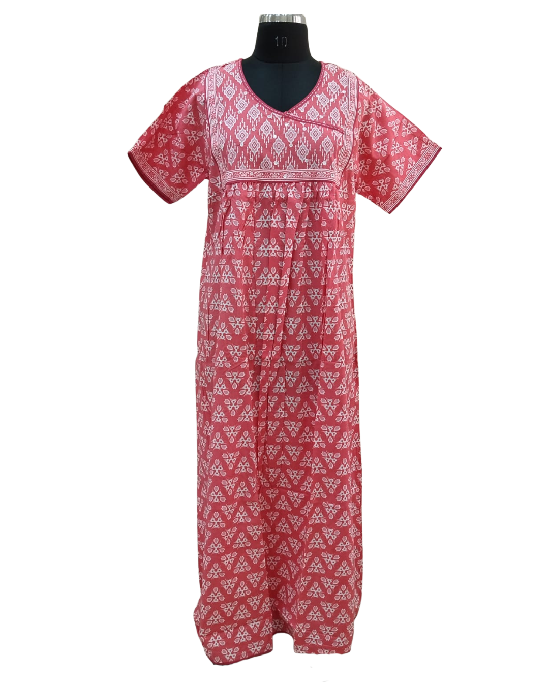 A - line Angrakha pleated pattern XL - Geometric floral print - Lilac, Crimson & lime-green & Sea Green - 650AS06