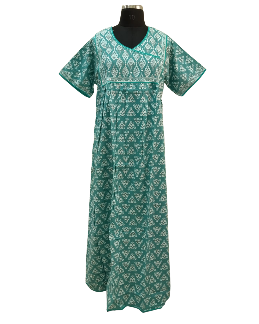 A - line Angrakha pleated pattern XL - Geometric floral print - Lilac, Crimson & lime-green & Sea Green - 650AS06