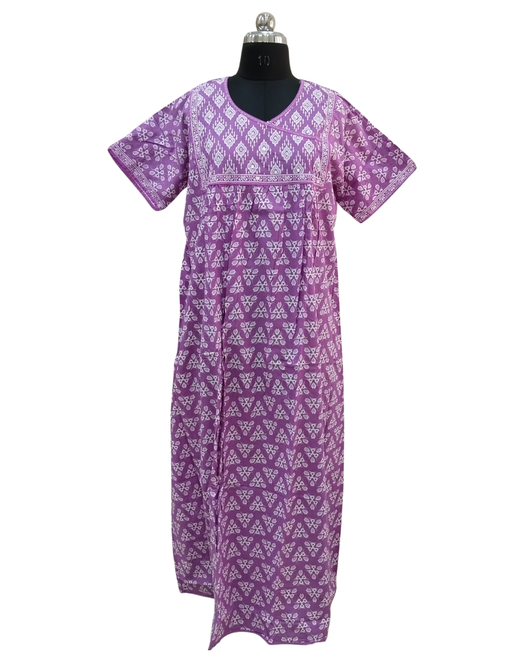 A - line Angrakha pleated pattern XL - Geometric floral print - Lilac, Crimson & lime-green & Sea Green - 650AS06