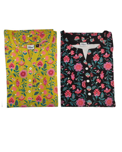 A - line Gown with Double Pocket XL- Floral Creeper Print - Wine, Mustard Yellow & Black - 650DP03