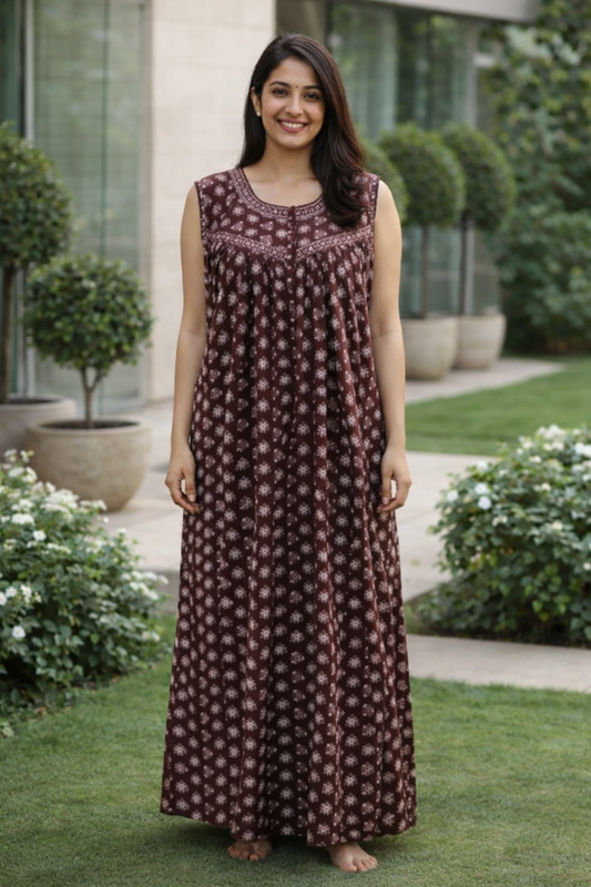 SLEEVELESS FULL LENGTH REGULAR NIGHTY - SMALL MOTIF PRINT- DEEP BROWN, DARK GREY, MAGENTA & DARK GREEN - 406Ad XL