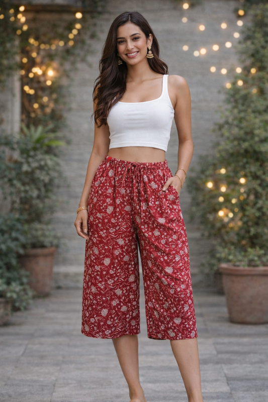 COTTON CAPRI SMALL CLUSTER FLORAL PRINT - RUST RED - CAP03