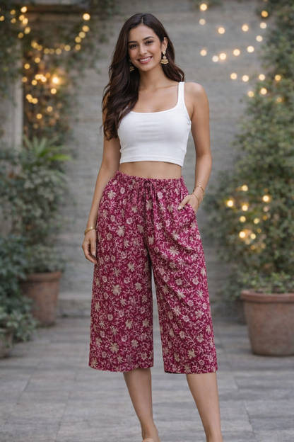 COTTON CAPRI FLORAL PRINT - BURGUNDY - CAP04