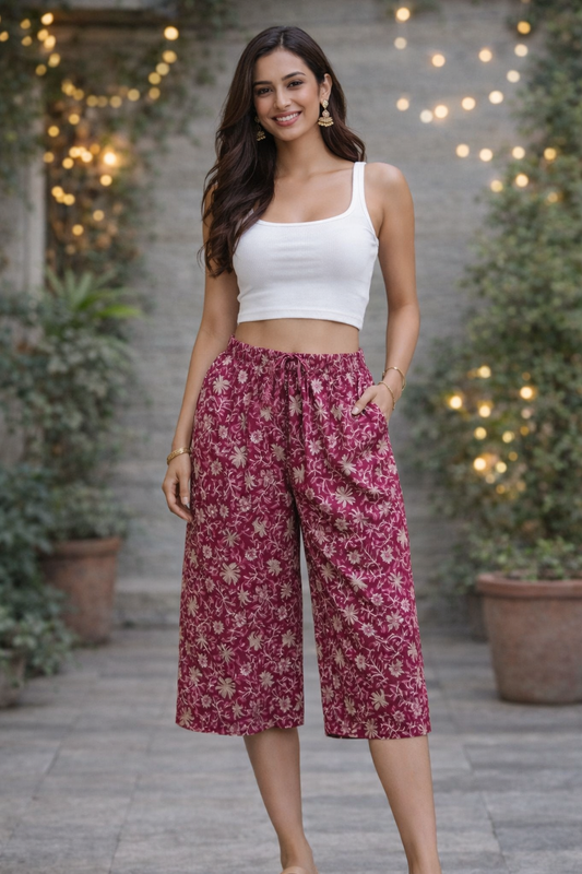 COTTON CAPRI FLORAL PRINT - BURGUNDY - CAP04