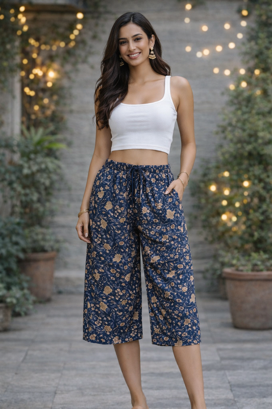 COTTON CAPRI SMALL CLUSTER FLORAL PRINT - NAVY BLUE - CAP08