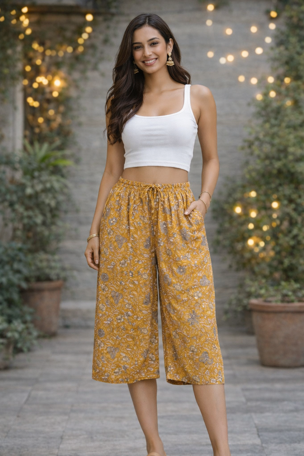 COTTON CAPRI FLORAL PRINT - MUSTARD - CAP09