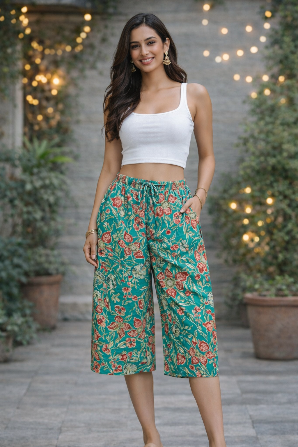 COTTON CAPRI BIG PINK FLORAL PRINT - GREEN - CAP10