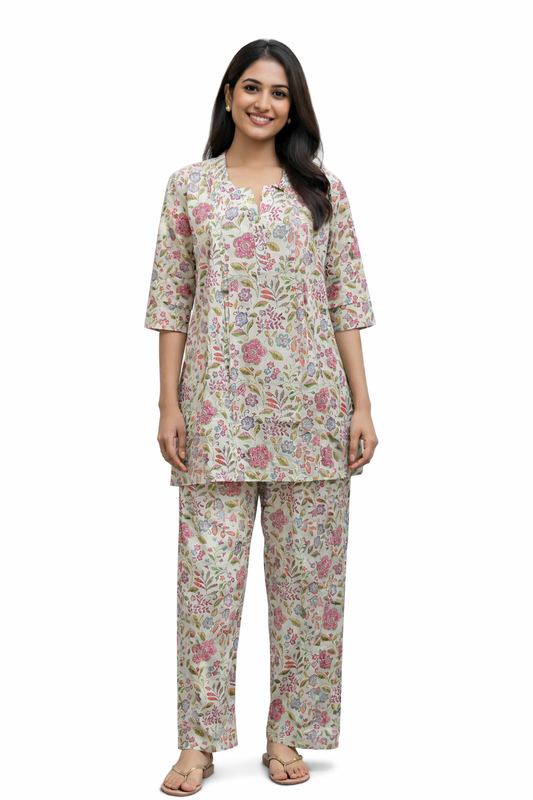 CORD SET - FLORAL PRINT - CREAM WITH PINK - CS02