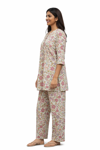 CORD SET - FLORAL PRINT - CREAM WITH PINK - CS02