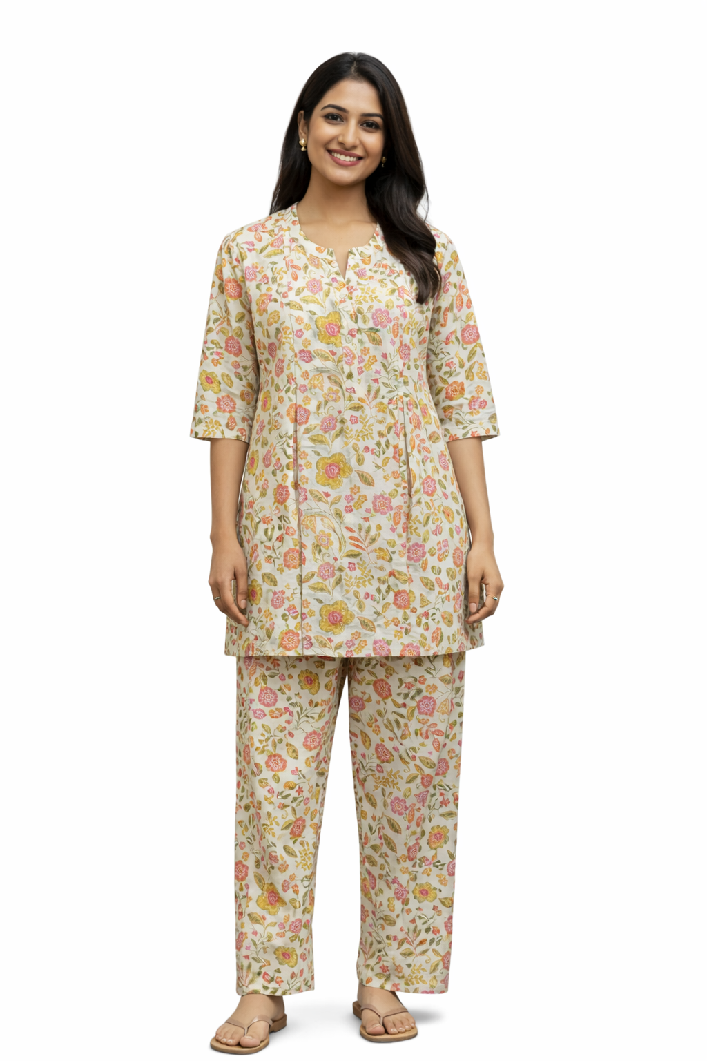 COTTON CORD SET - FLORAL PRINT - CREAM WITH MUSTARD - CS03