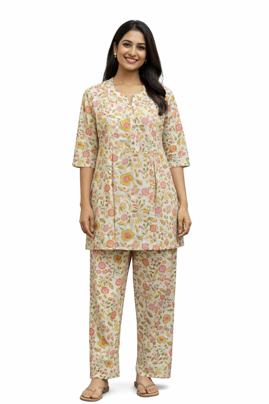 COTTON CORD SET - FLORAL PRINT - CREAM WITH MUSTARD - CS03