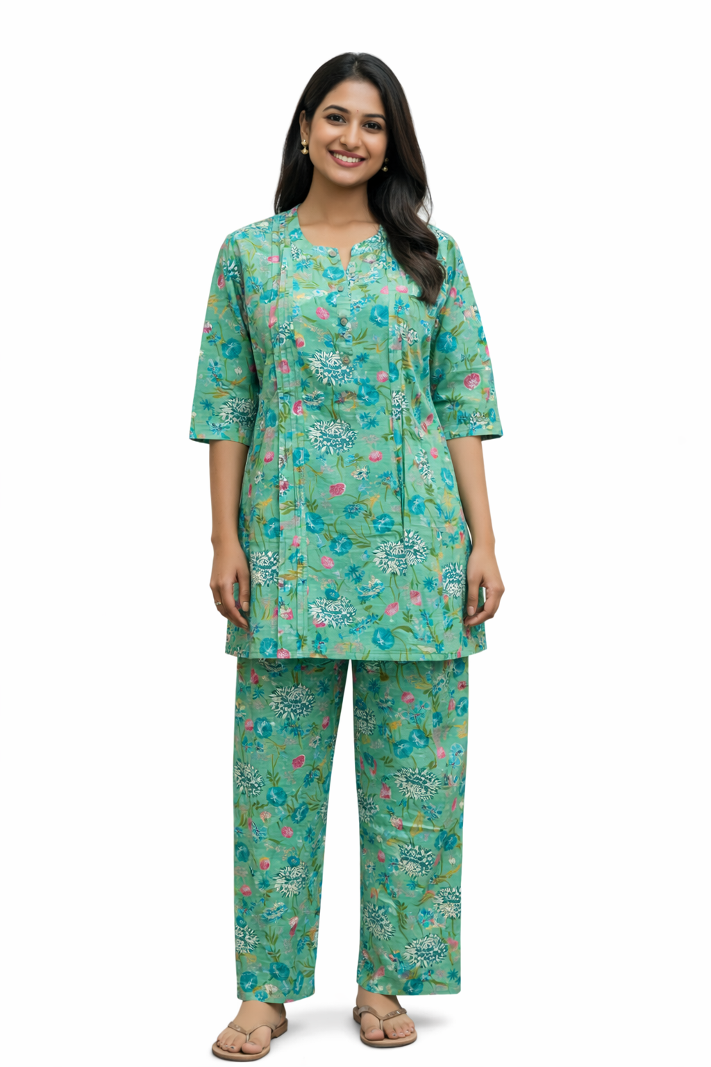 COTTON CORD SET - FLORAL BOTANICAL PRINT - TEAL GREEN - CS07