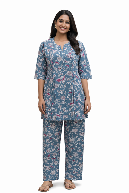 COTTON CORD SET - FLORAL VINE PRINT - SLATE BLUE - CS08