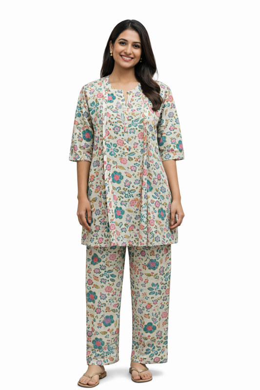 CORD SET - FLORAL PRINT - CREAM WITH GREEN - CS12