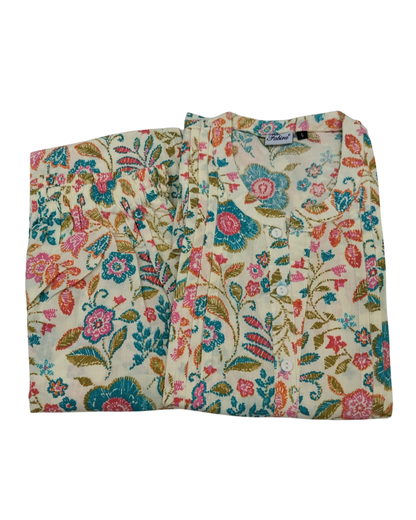 CORD SET - FLORAL PRINT - CREAM WITH GREEN - CS12