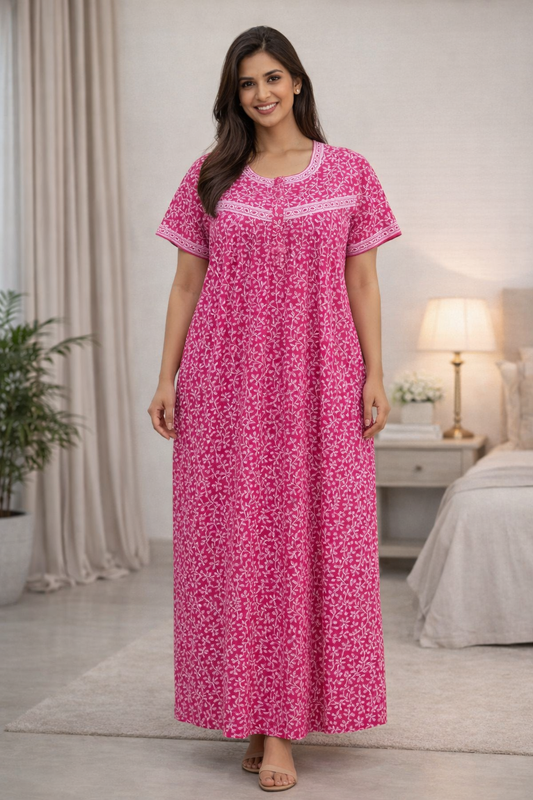 PLEATED FULL LENGTH REGULAR - LEAF & VEL PRINT- PINK - 405 - P17