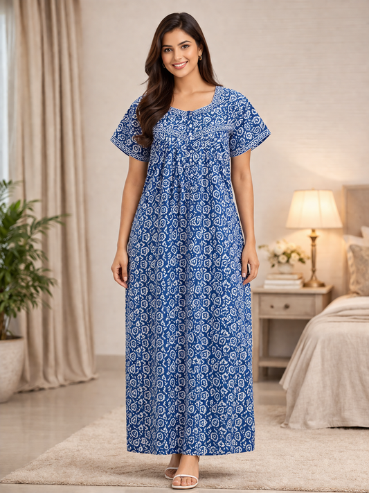 PLEATED FULL LENGTH REGULAR - ETHNIC/FLORAL ABSTRACT PRINT- DEEP ROYAL BLUE - 405 - P18