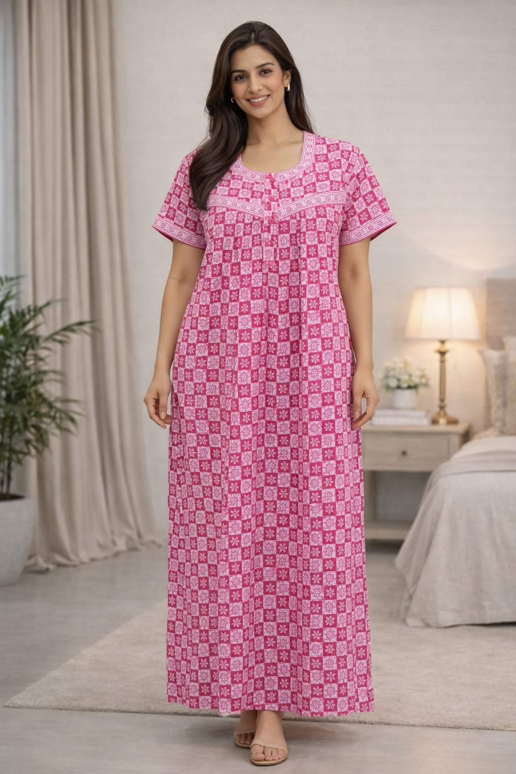 PLEATED FULL LENGTH REGULAR - GEOMETRICAL PRINT- WHITE & PINK COMBINATION - 405 - P21